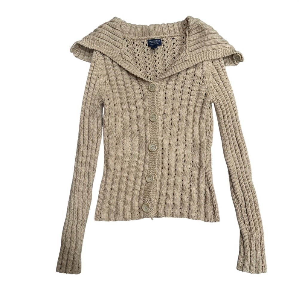 American Eagle Tan Cotton Chunky Pointelle Knit Shawl Collar Cardigan Medium